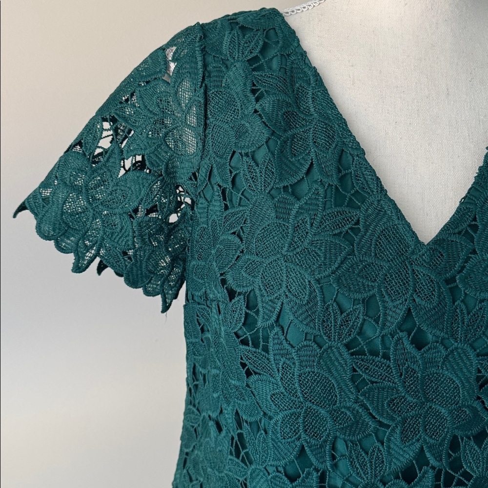 Ann Taylor Factory Holiday Green Lace Short Sleeve Dress Size 6P - Picture 2 of 7